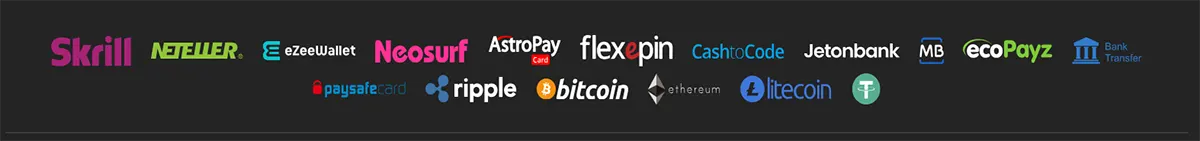 Payment methods shown: Skrill, Neteller, eZeeWallet, Neosurf, AstroPay, Flexepin, CashtoCode, Jetonbank, ecoPayz, MB, Bank Transfer, Paysafecard, Ripple, Bitcoin, Ethereum, Litecoin, and Tether (USDT).